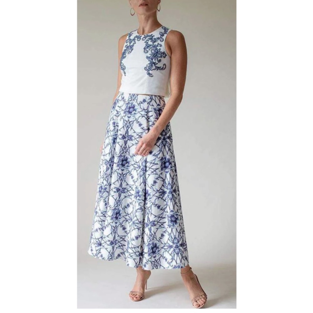 NWT Marchesa Notte Off-White/Blue Floral Print Crop Top + Midi Skirt Set sz 2